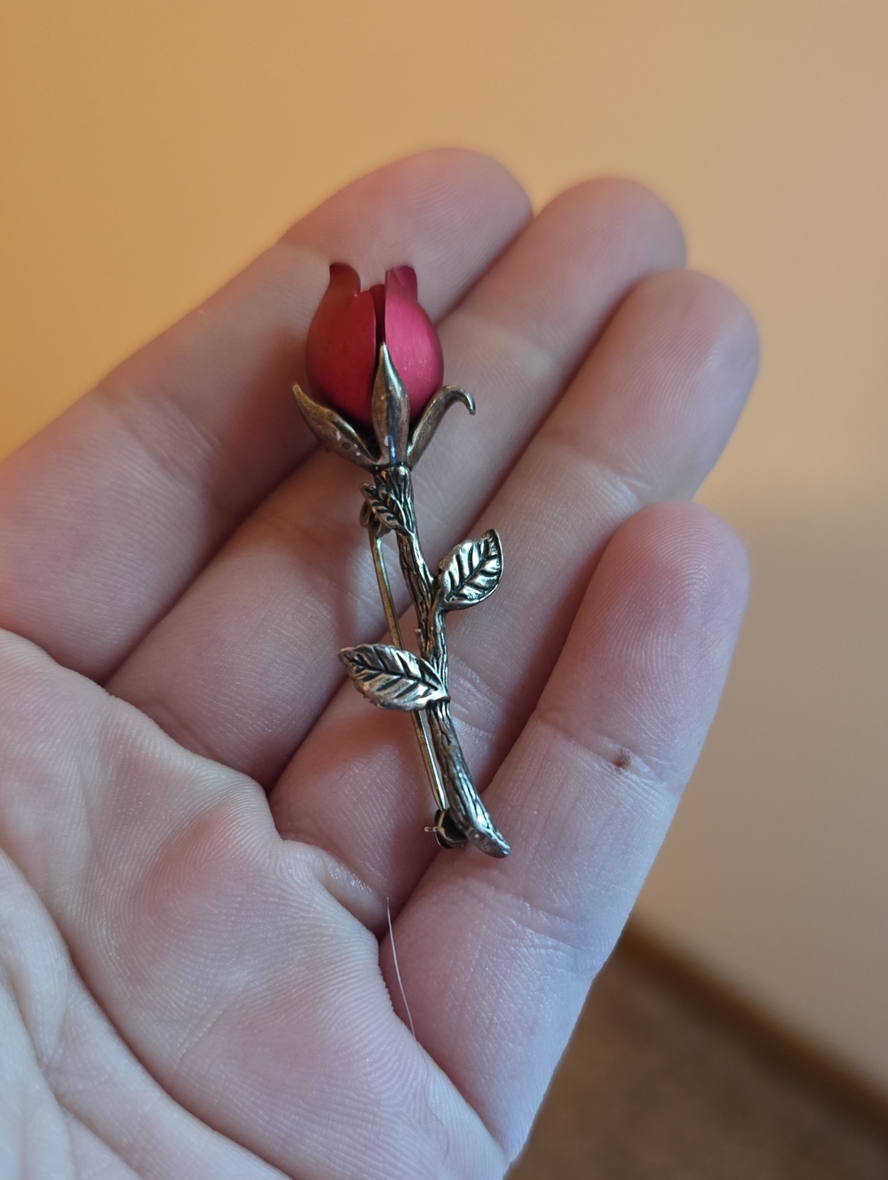 Vintage Jezlaine Sterling Silver Red Rosebud Brooch Pin 925 Hallmark Flower